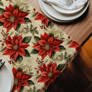 Watercolor Holiday Runner Vintage Poinsettia Print