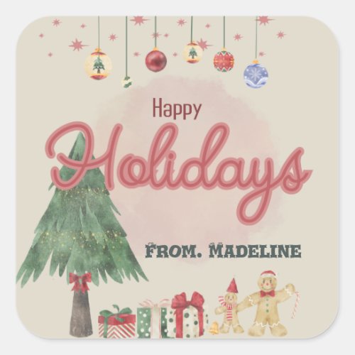 Watercolor holiday tree retro style Favor Box Square Sticker