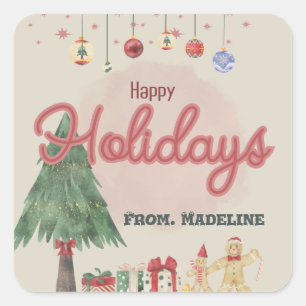 Watercolor holiday tree retro style Favor Box Square Sticker