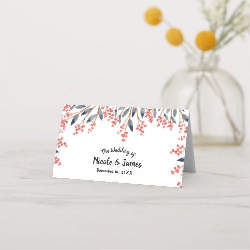 Watercolor Holiday Winter Berries Wedding Table Place Card