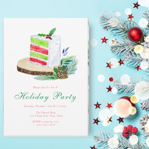 Watercolor Holiday Winter Cake With Holly Invitation