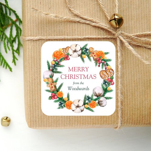 Watercolor Holiday Wreath Merry Christmas Square Sticker