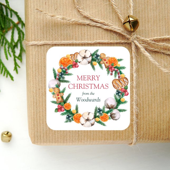 Watercolor Holiday Wreath Merry Christmas Square Sticker (Creator Uploaded)