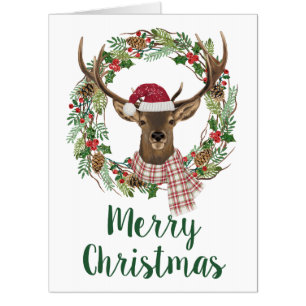 Watercolor holiday wreath with deer head card