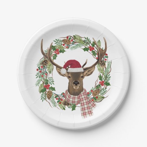 Watercolor holiday wreath with deer head paper plates