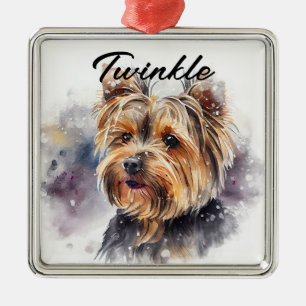 WATERCOLOR HOLIDAY YORKSHIRE TERRIER DOG METAL ORNAMENT
