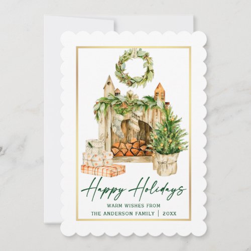 Watercolor Holidays Calligraphy Ink Gold Frame Holiday Card