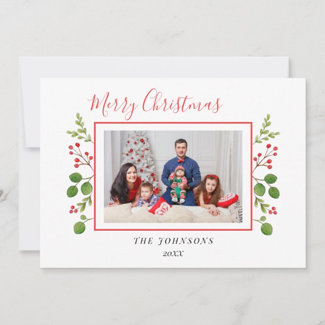 Watercolor hollies and greenery Christmas photo Announcement (Front)