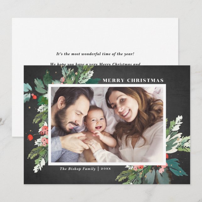 Watercolor Hollies Chalkboard Christmas Photo (Front/Back)