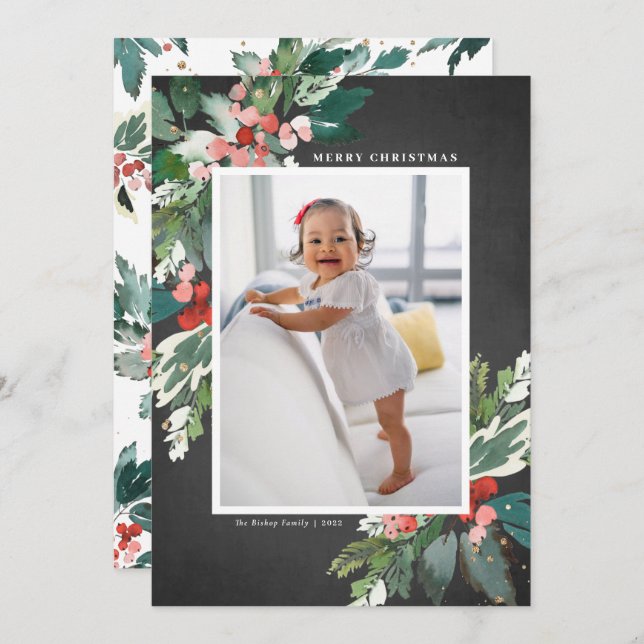 Watercolor Hollies Chalkboard Merry Christmas (Front/Back)