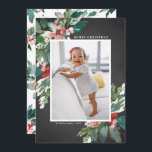 Watercolor Hollies Chalkboard Merry Christmas<br><div class="desc">Send your loved ones Christmas cheer this season with this beautiful rustic Christmas photo flat card. It features watercolor hollies, faux gold foil accents, matching festive holiday pattern, faux chalkboard paper and modern typography. The texts are fully editable. Personalize this holly Christmas photo card by adding your photo, name and...</div>