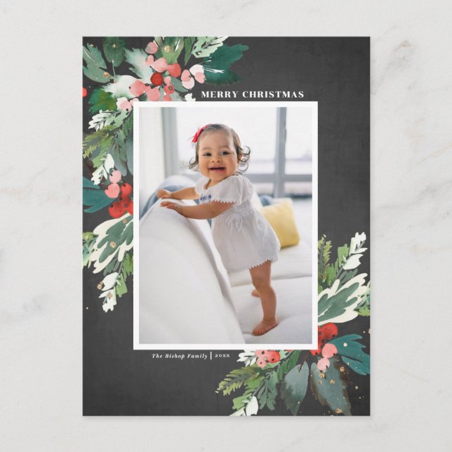 Watercolor Hollies Faux Chalkboard Christmas Photo Holiday Postcard (Front)