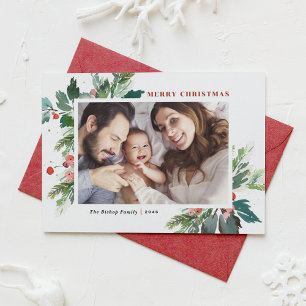 Watercolor Hollies Faux Gold Foil Christmas Photo