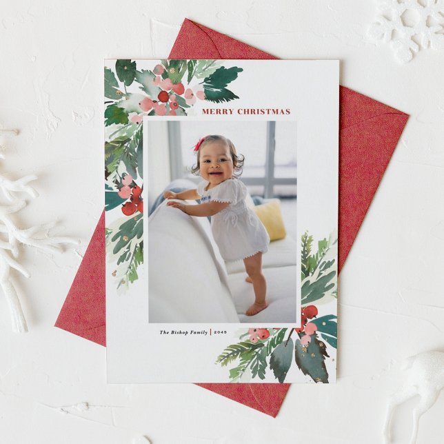 Watercolor Hollies Faux Gold Merry Christmas Photo (Watercolor Holly and Winter Greenery Photo Merry Christmas Card)