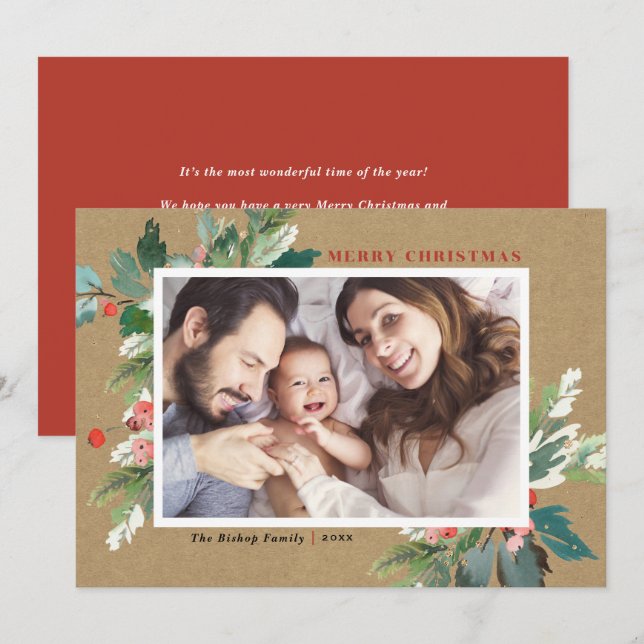 Watercolor Hollies Kraft Paper Christmas Photo (Front/Back)