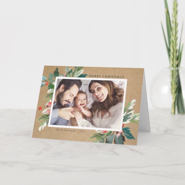 Watercolor Hollies Kraft Paper Christmas Photo Holiday Card (Front)