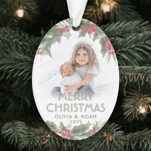 Watercolor Holly 2 Photo Elegant Merry Christmas Ornament