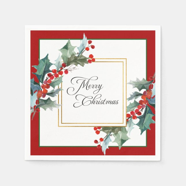 Watercolor Holly and Berries Botanical Christmas Napkins (Front)