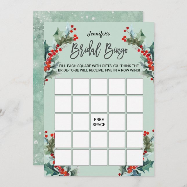 Watercolor Holly and Berries Bridal Bingo Invitation (Front/Back)