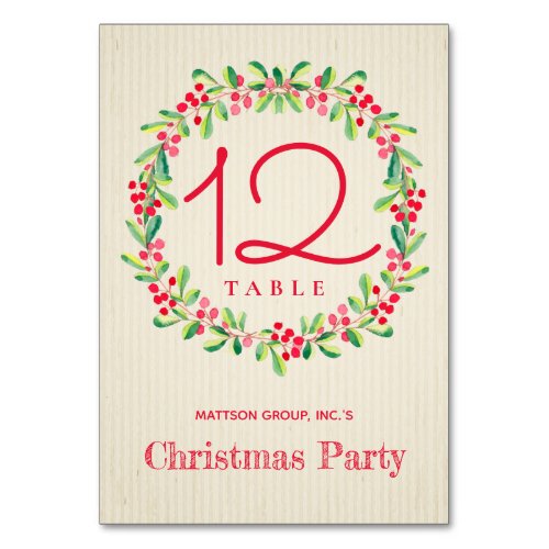 Watercolor Holly and Berries Christmas Holiday Table Number