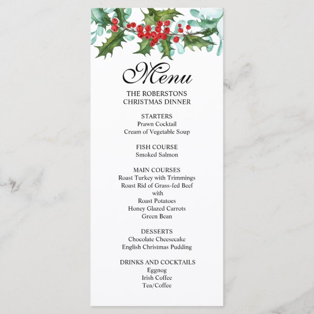 Watercolor Holly and Berries Christmas Party Menu (Front)