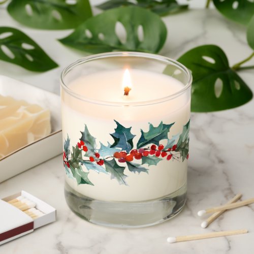 Watercolor Holly and Berries Christmas Scented Candle