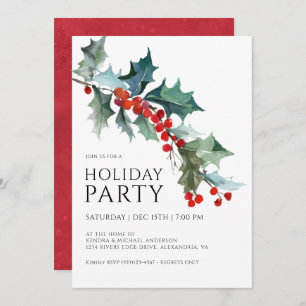 Watercolor Holly and Berries Festive Holiday Party Invitation