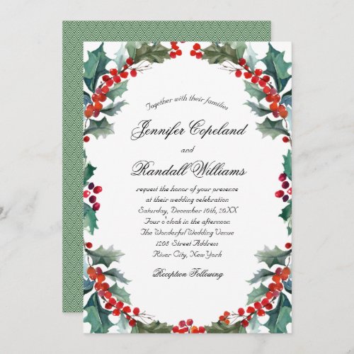 Watercolor Holly and Berries Holiday Wedding Invitation