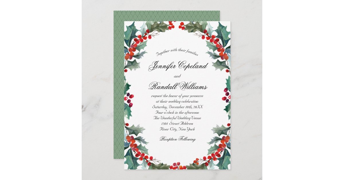 Watercolor Holly and Berries Holiday Wedding Invitation | Zazzle