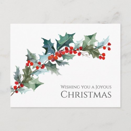 Watercolor Holly and Berries Joyous Christmas Postcard