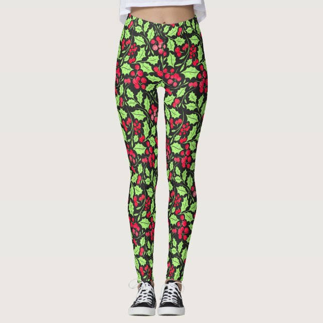 Watercolor Holly and Berries Leggings (Front)