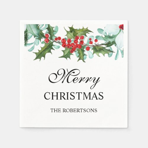 Watercolor Holly and Berries Merry Christmas Napkins