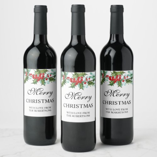 Watercolor Holly and Berries Merry Christmas Wine Label
