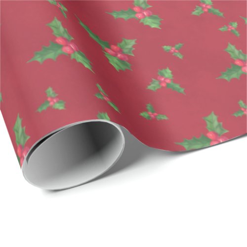 Watercolor Holly and Berries on Red Christmas Wrapping Paper