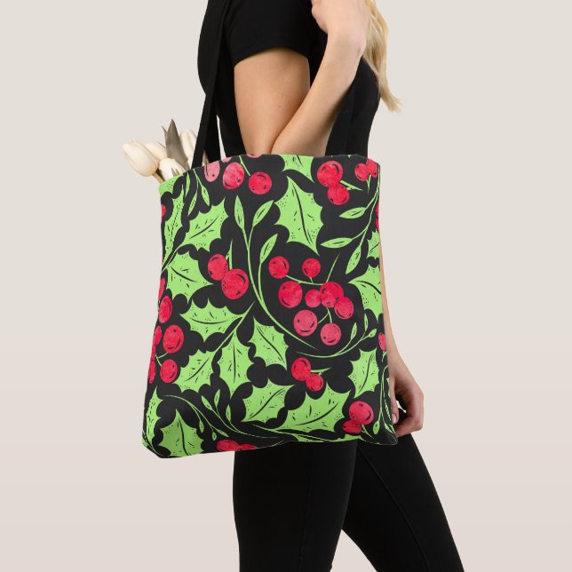 Watercolor Holly and Berries Tote Bag (Close Up)