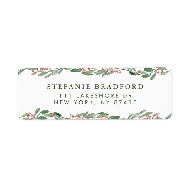 Watercolor Holly and Greenery Garlands Holiday Label (Front)