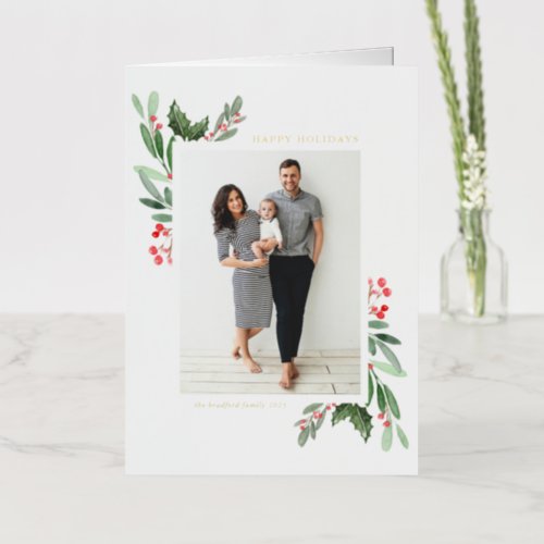 Watercolor Holly and Greenery Happy Holidays Photo Foil Holiday Card