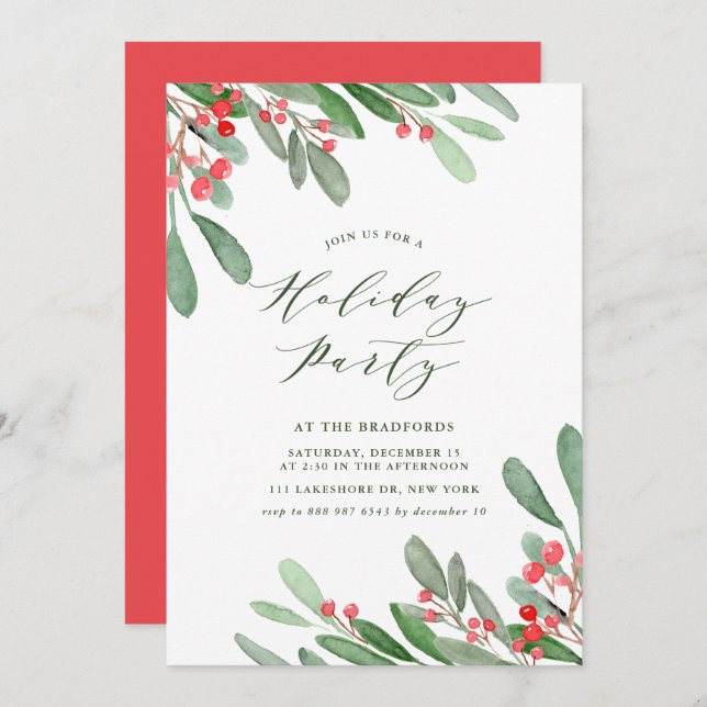Watercolor Holly and Greenery Holiday Party Invitation (Front/Back)