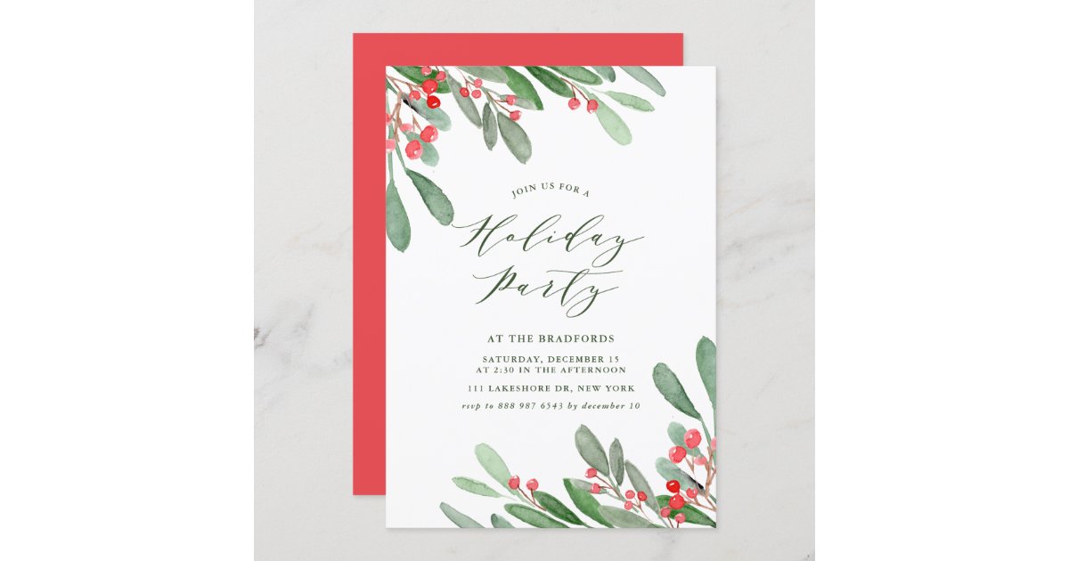 Watercolor Holly and Greenery Holiday Party Invitation | Zazzle