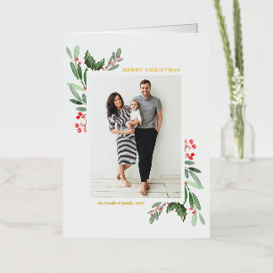 Watercolor Holly and Greenery Merry Christmas Foil Holiday Card