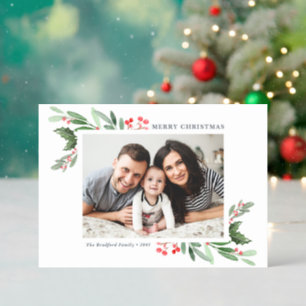 Watercolor Holly and Greenery Merry Christmas Letterpress Photo Cards