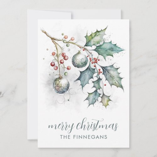 Watercolor Holly And Ornaments Chistmas  Holiday Card