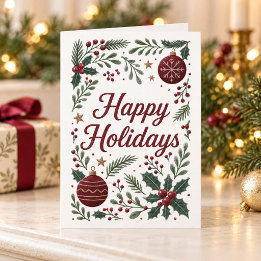 Watercolor Holly and Ornaments Happy Holidays Card