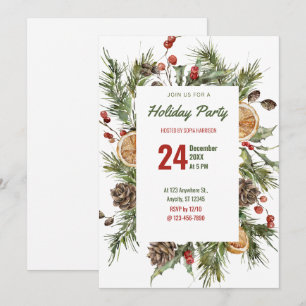 Watercolor Holly and Pine Holiday Party Invitation