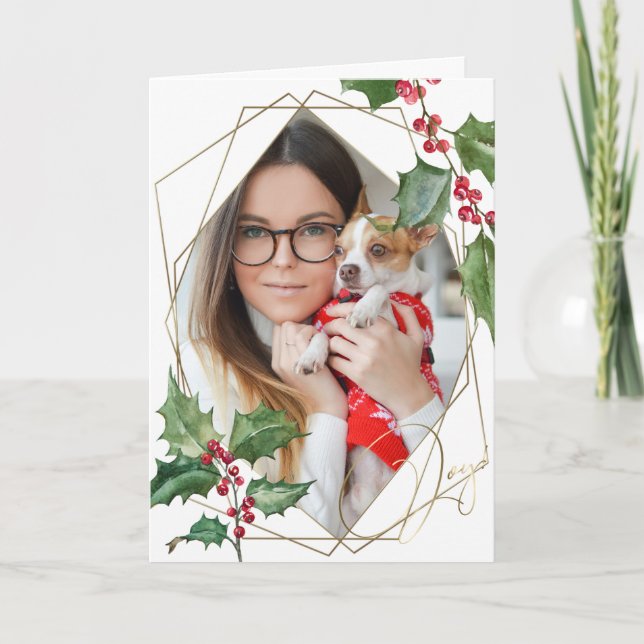 Watercolor Holly and Red Berries Card (Front)