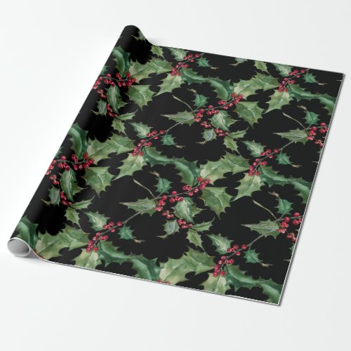 Watercolor Holly and Red Berries Change Color Wrapping Paper