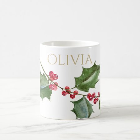 Watercolor Holly And Red Berries Coffee Mug