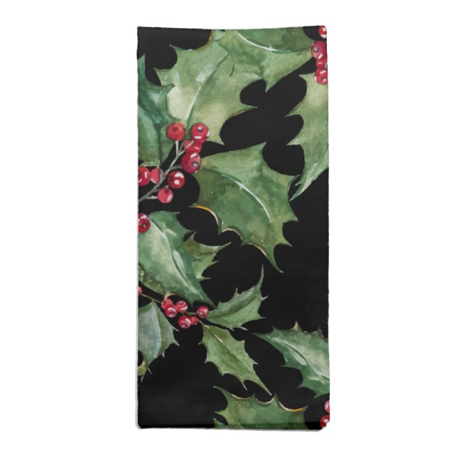 Watercolor Holly and Red Berries Colorway Cloth Napkin (Folded)