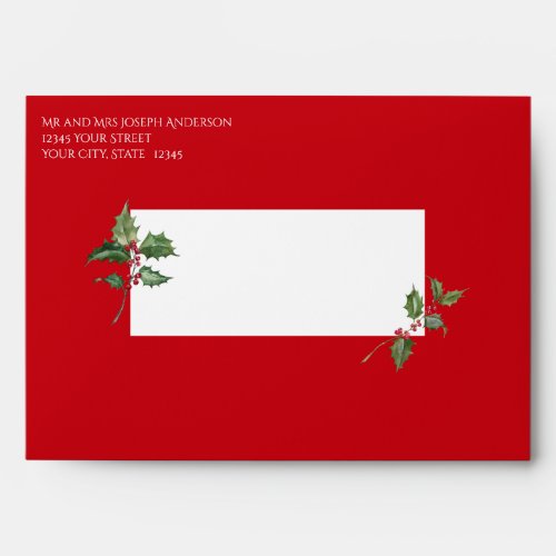 Watercolor Holly and Red Berries Envelope