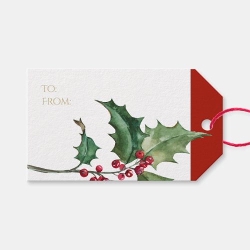 Watercolor Holly and Red Berries Gift Tags